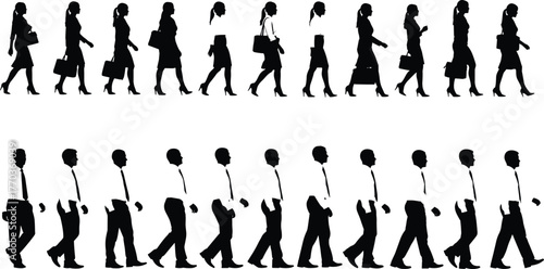 Walking cycle silhouettes of business professionals, male and female vector illustration for animation, biomechanics, and workplace design themes