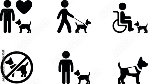 Collection of six minimalist icons human and dog symbolizing assistance service and love vector