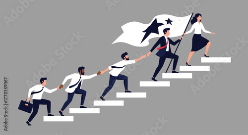 Diverse team climbing stairs together, holding hands, symbolizing progress and shared success with a leader carrying a flag