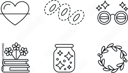 Minimalist line art icons set featuring heart books flowers jar wreath and glasses for creative design vector