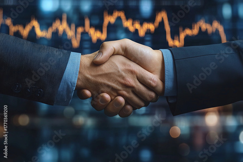 Handshake between business partners with futuristic network links and financial chart graphics, representing innovation, global trade, and digital business growth.