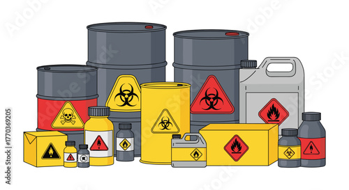 Collection of hazardous material containers with warning symbols for biohazard, toxicity, and flammability