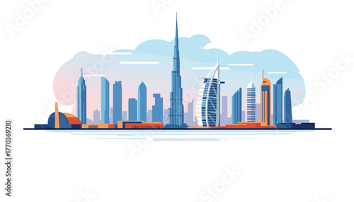 Stunning modern cityscape illustration showcasing iconic skyscrapers and architectural marvels in vibrant colors