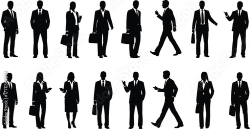 Business professional silhouettes in formal attire and dynamic poses, vector illustration for corporate, HR, and workplace design themes