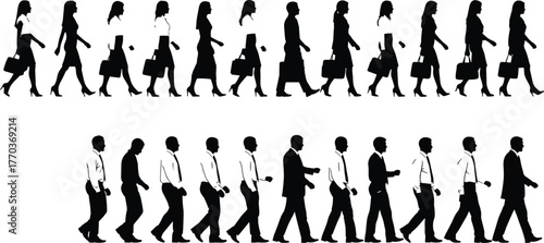 Walking cycle silhouettes of business professionals in motion, vector illustration for animation, biomechanics, and workplace design themes