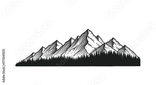 Majestic mountain range silhouette with dense evergreen forest below evoking adventure and natural beauty