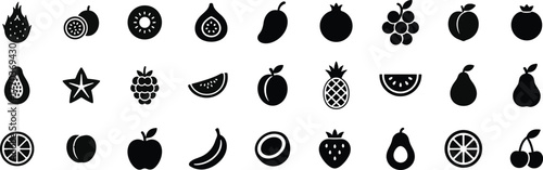 Fruit and berries glyph icon set. Vector pictograms of apple, banana, orange, lemon, grape, pineapple, coconut, cherry, strawberry, kiwi, fig, dragonfruit, and starfruit black silhouette illustration