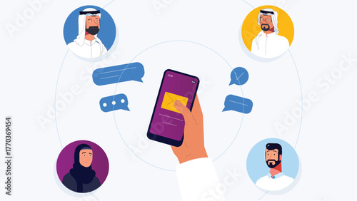 A smartphone with message icon connects five Arab individuals via chat bubbles. Represents social communication and cultural diversity
