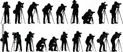 Photographer silhouettes with tripods and cameras, dynamic poses vector illustration for media, creative professions, and lifestyle themes