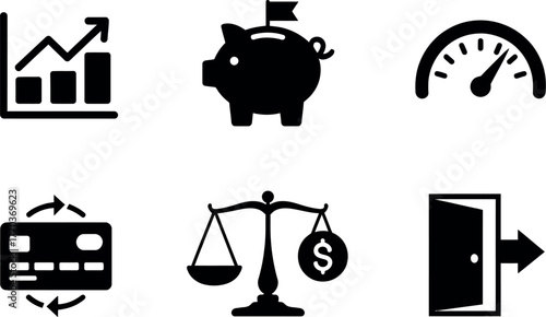 Six modern business icons representing finance growth savings performance and transactions vector