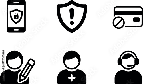Set of six black and white icons representing security finance users and support services vector