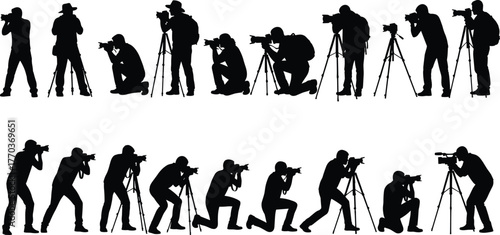 Photographer silhouettes in dynamic poses with cameras and tripods, photography vector illustration for creative, media, and lifestyle themes