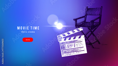 Collage of sketch director chair with clapperboard. Retro cinema and movie night background. Film studio, streaming platform, tv, ticket service concept. Hand drawn vector illustration.