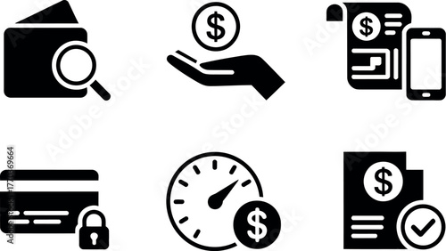 Set of six black and white financial icons for banking online payments and security concepts vector