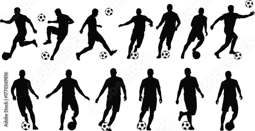 Soccer player silhouettes in dynamic poses with ball, football movement vector illustration for sports, training, and fitness themes