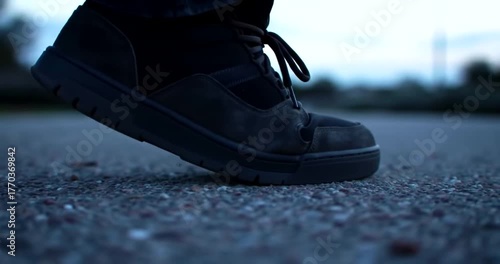 Close-up of a black shoe on asphalt, laces tied, outdoors.