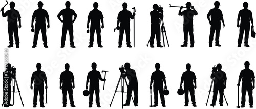 Construction worker silhouettes with tools and equipment, labor and engineering vector illustration for industry, occupation, and safety themes