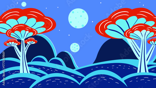 Illustration of an alien landscape with red trees and blue hills under a moonlit night sky scene view