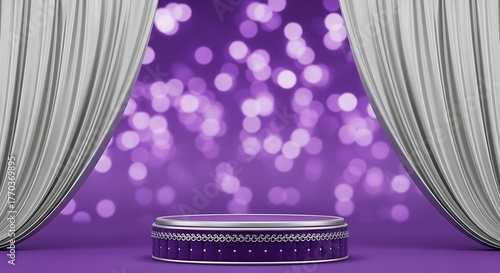 Elegant oval stage podium with shimmering purple bokeh lights and draped curtains for product display