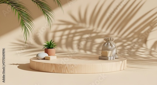 Natural wood pedestal display with tropical palm shadows and small green plant for product presentation