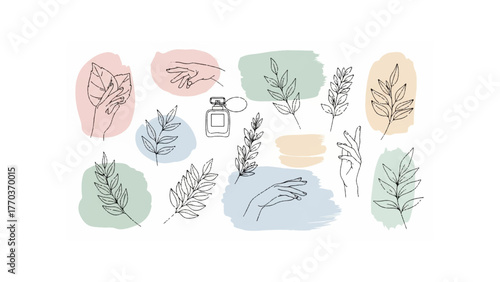 Elegant botanical illustration with hands, leaves, and perfume bottle on pastel color washes design