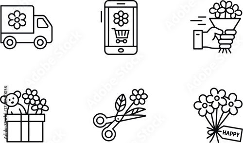 Set of six minimalist line art icons representing floral delivery and gifting services for modern businesses vector