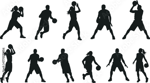 Basketball player silhouettes in dynamic action poses, dribbling and shooting vector illustration for sports, fitness, and training themes