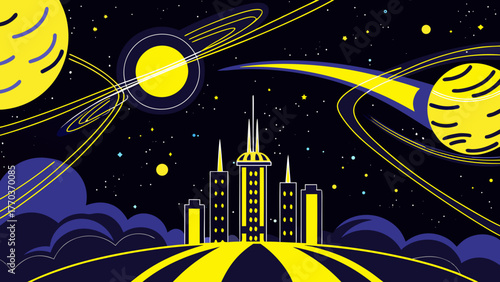 City skyline under a starry night sky with planets and cosmic rings in a stylized illustration style