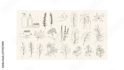 Illustration of skincare products and botanical elements in a minimalist line art style on white background