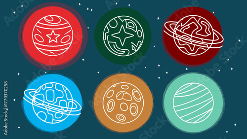 Illustration of six colorful planets with unique designs in a starry space background scene