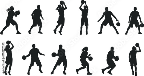 Basketball player silhouettes in dynamic poses, dribbling and shooting vector illustration for sports, fitness, and training themes