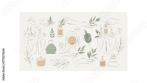 Illustration of spa and wellness elements with hands, candles, leaves and skincare products