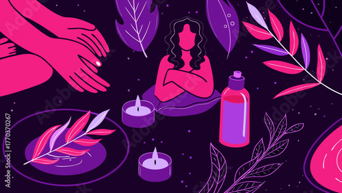 Illustration of a woman with candles, oil, and hands in a serene spa like setting with leaves
