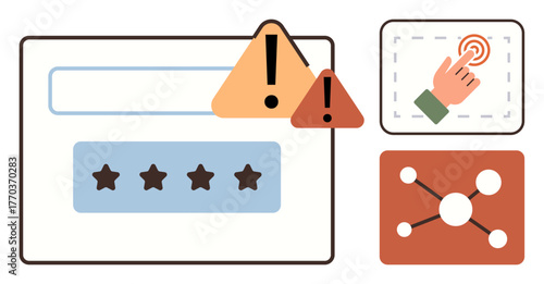 Warning triangles signal an issue near a password entry. A hand interacts with a touch interface. Network connection visualized. Ideal for security, login, technology, cyber safety, risk, internet