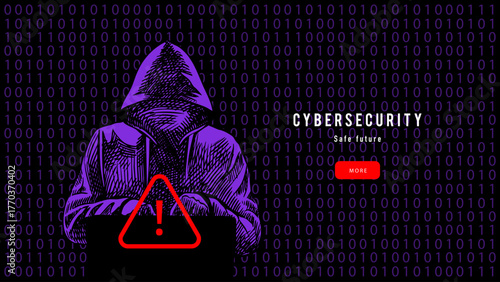 Sketch hooded hacker with laptop, binary background. Cybersecurity, privacy, banking, insurance, crypto exchange concept. Hand drawn vector illustration.