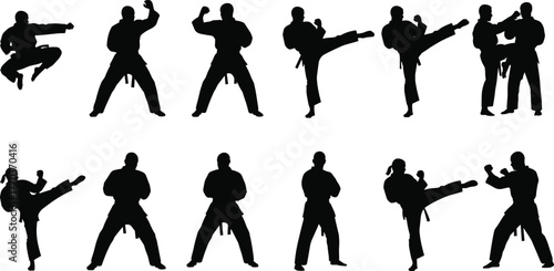 Martial arts silhouettes in dynamic poses and flying kicks, karate and taekwondo vector illustration for sports and fitness themes