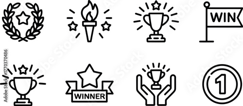 Set of 8 minimalist line art icons celebrating achievement success and victory in sports and competitions vector