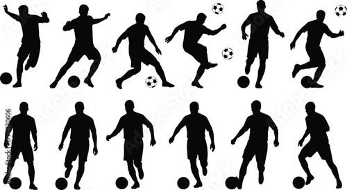Soccer player silhouettes in dynamic poses with ball, football movement vector illustration for sports training and athletic design themes