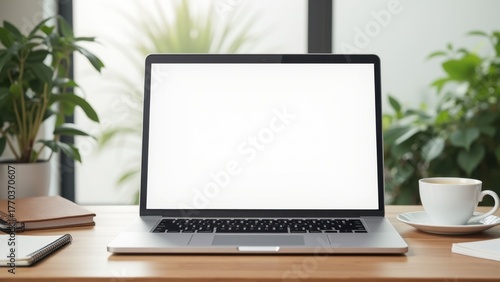 Blank laptop screen on wooden desk beside green plant notebook and takeaway coffee cup with copyspace in sunlit office, concept of remote work, digital marketing, freelance productivity