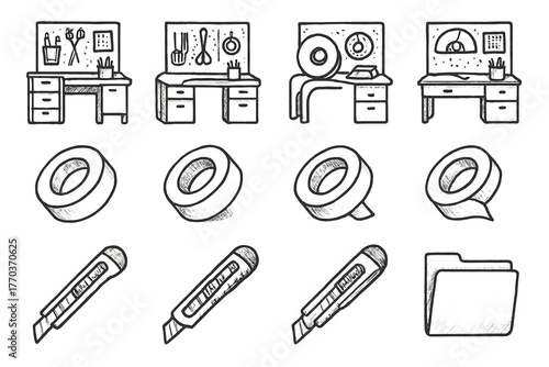 Icons modern station vector folder cutter icon tape craft pencil room roll