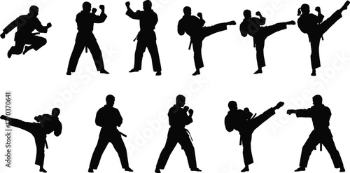 Martial arts silhouettes in dynamic stances and flying kicks, combat training vector illustration for sports, fitness, and technique themes