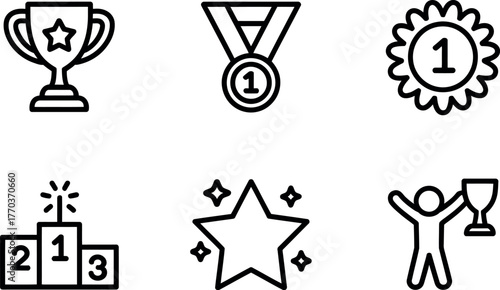Set of six black and white line art icons representing achievement success and victory awards vector