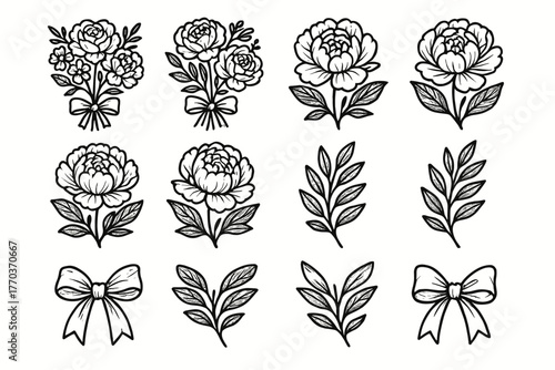 Sprig vector floral grid peony ribbon icon bow study leaf romantic