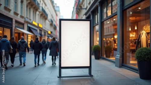 Blank illuminated billboard on busy urban sidewalk amid blurred shoppers and festive lights with copyspace, concept of outdoor advertising, retail promotion, city marketing