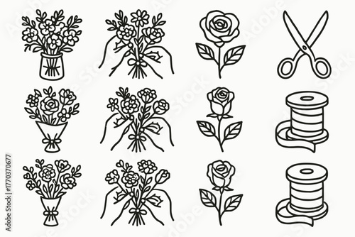 Collection bouquet design workshop flower ribbon icons scissors spool icon vector rose