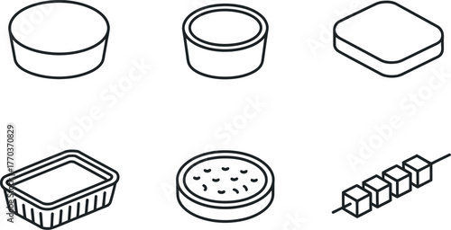 Simple line drawings of food packaging and skewered food items in isometric perspective vector