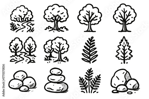 Ferns icon trees leafy stones forest path set peaceful vector walking