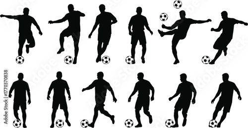 Soccer player silhouettes in kicking, dribbling, and passing poses, football movement vector illustration for sports training and design themes