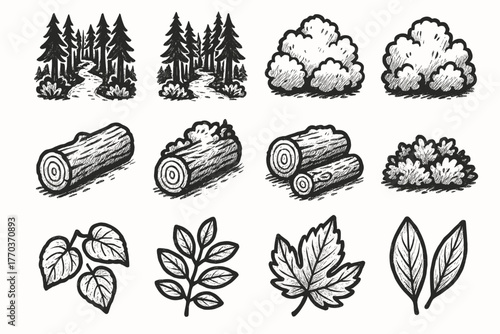 Shrubs log vector icon leaves forest collection trail drawing set dense