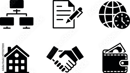 Diverse set of six modern business icons representing technology agreement time finance and real estate vector